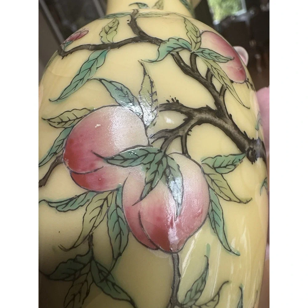 Vintage Chinese Peach Vase Hand Painted‎ Yellow Porcelain Decorated in Hong Kong